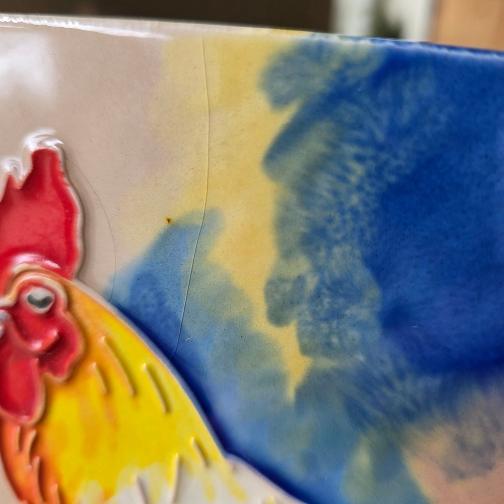 Benaya Art Decor Ping Signed Rooster Ceramic Art Tile 8x8 Raised Tube Lined - Picture 12 of 16